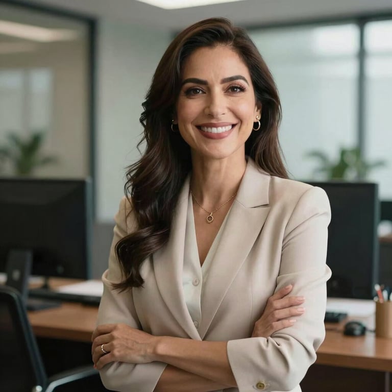 Retrato de una empresaria mexicana sonriendo en su oficina luminosa, vestimenta profesional elegante, estilo de vida emprendedor exitoso.