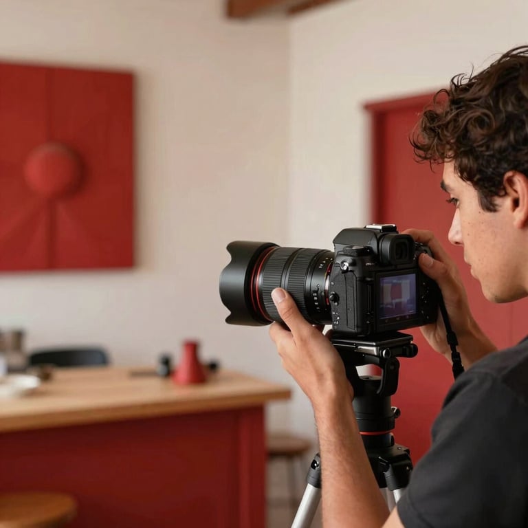 Fotografía de primer plano de una cámara profesional grabando en un taller artesanal moderno en México, luz cálida, acentos rojo carmesí.