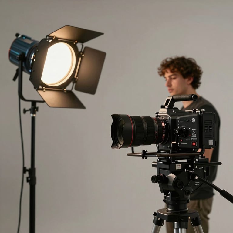 Escena de una sesión de fotos de producto para una marca industrial, luces de estudio y equipo profesional en un entorno minimalista.