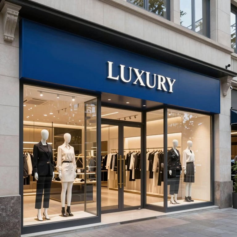 A luxury Indian retail storefront with clean glass windows and modern blue signage.