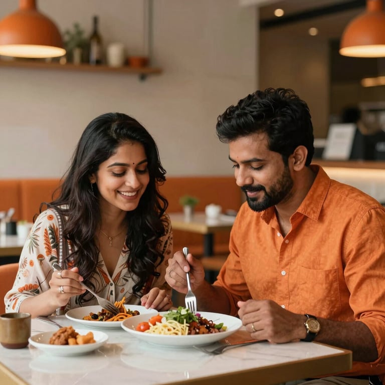 A lifestyle shot of a South Asian couple enjoying a meal at a stylish restaurant, orange accents in the decor.