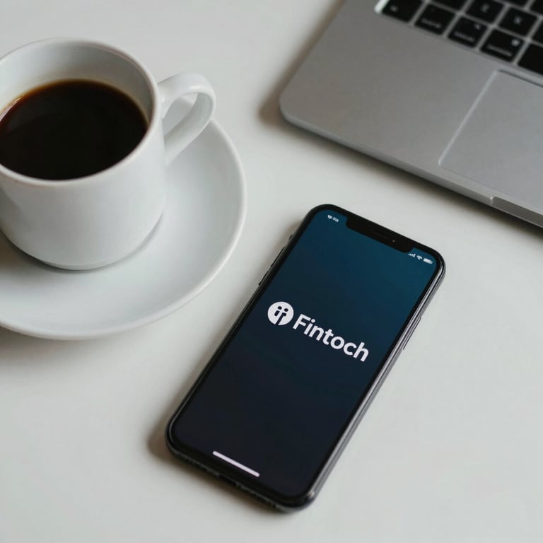 An overhead view of a clean, organized workspace with a coffee cup and a smartphone, professional and modern fintech style.
