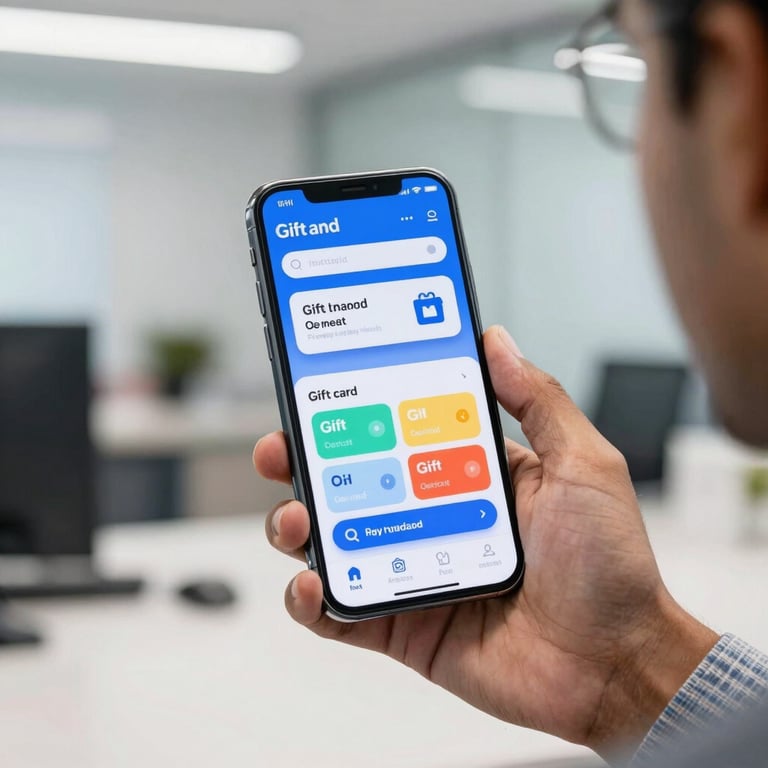 A sleek mobile phone displaying a colorful digital gift card, held by a person in a modern Indian office, vibrant blue and white theme.