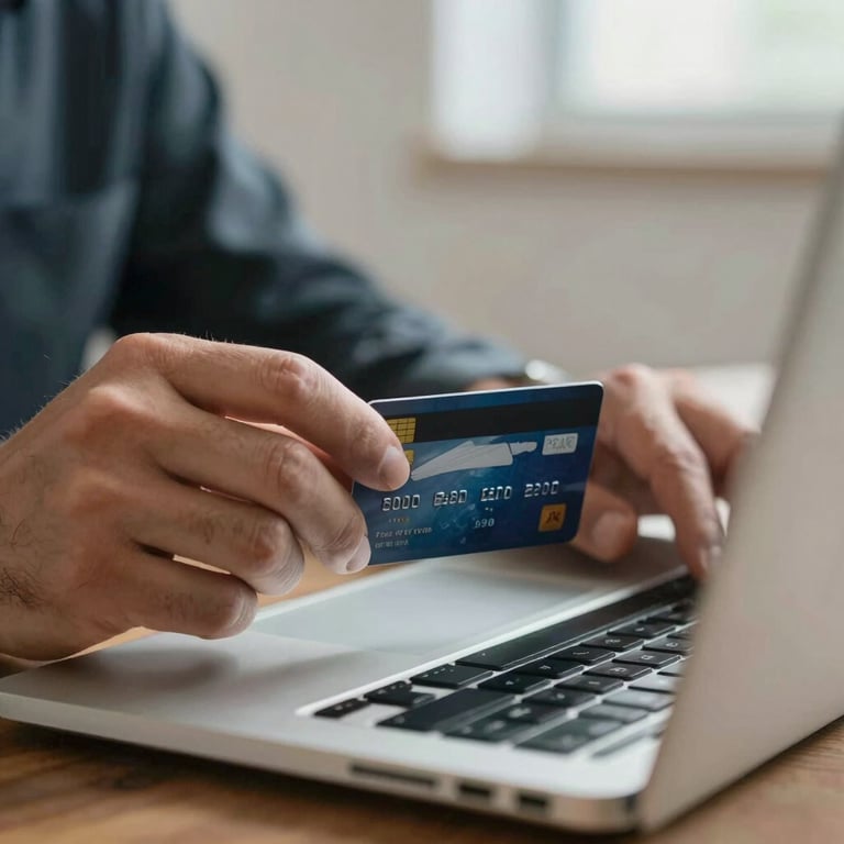 A close-up of a professional's hand using a credit card for a secure online payment on a laptop, soft lighting.