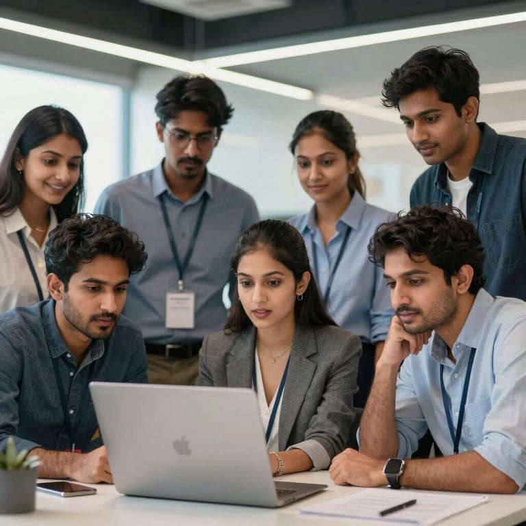 A group of diverse South Asian professionals collaborating around a screen in a bright tech hub, energetic mood.