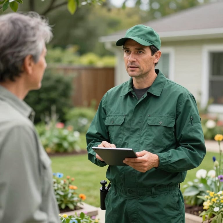 A professional pest control technician in a Deep Forest Green uniform talking with a homeowner in a North American / US garden.