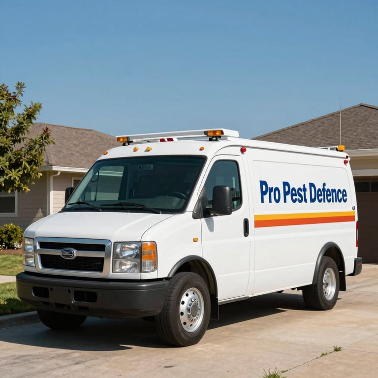 A service vehicle for Pro Pest Defense parked in a North American / US driveway during a clear sunny day.