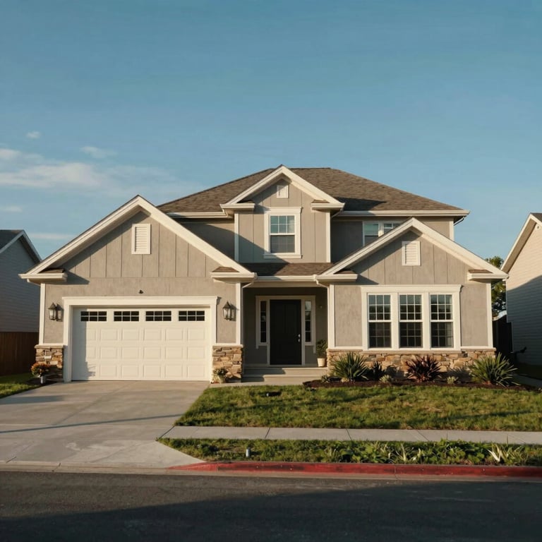 A wide shot of a beautiful, safe, and secure North American / US house exterior under a clear blue sky.