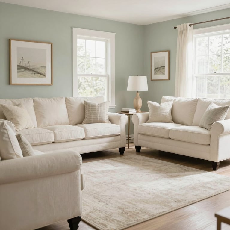 A bright and airy North American / US living room with Muted Sage and Crisp Off-White furniture, looking impeccably clean.