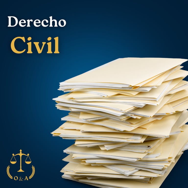 Un montón de folders apilados de color baige con un titulo que dice: Derecho Civil