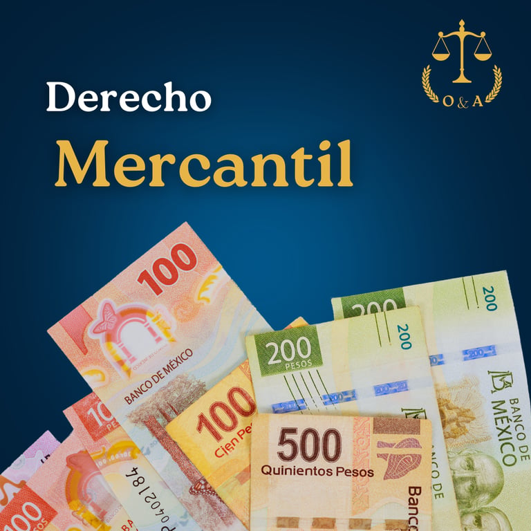 Un puñado de billetes apilados con el texto "Derecho Mercantil" y a un costado el logo