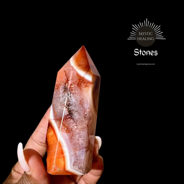 Polished red carnelian crystal tower point held against a black background for mystic healing.