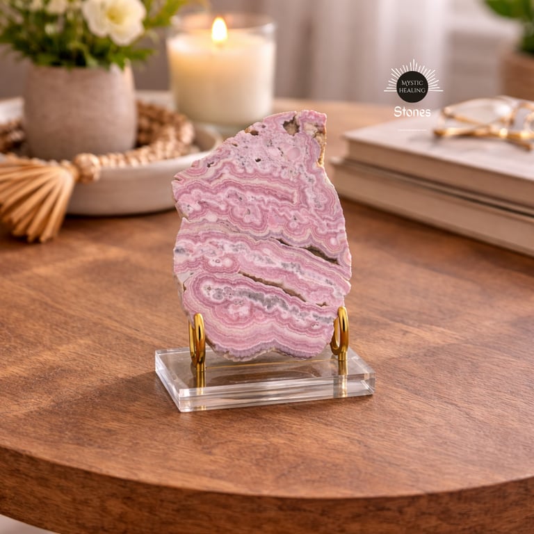 Polished pink rhodochrosite crystal slice on a gold and acrylic display stand on a wooden table.