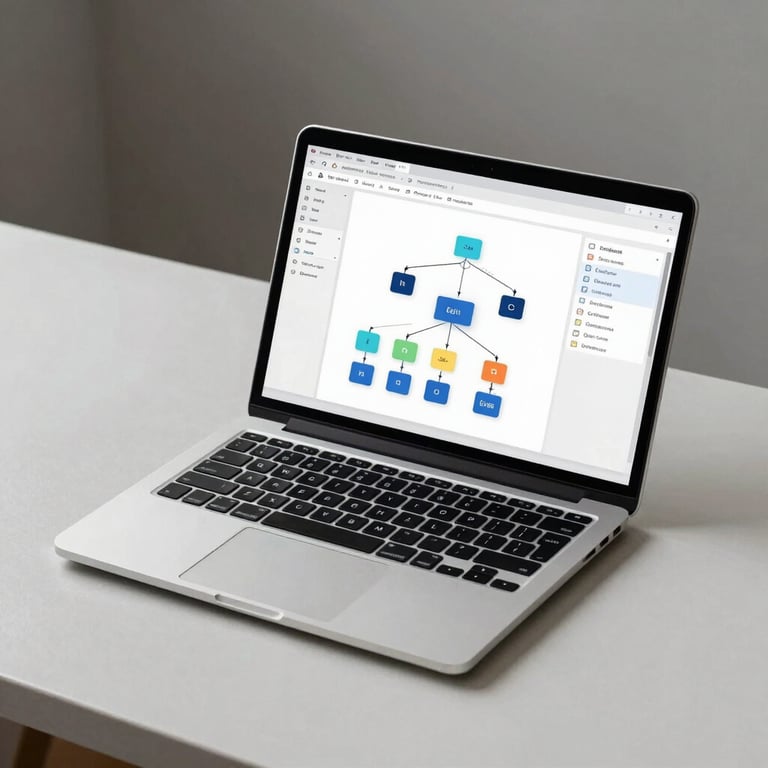 A minimalist desk with a sleek laptop displaying a clean software architecture diagram.