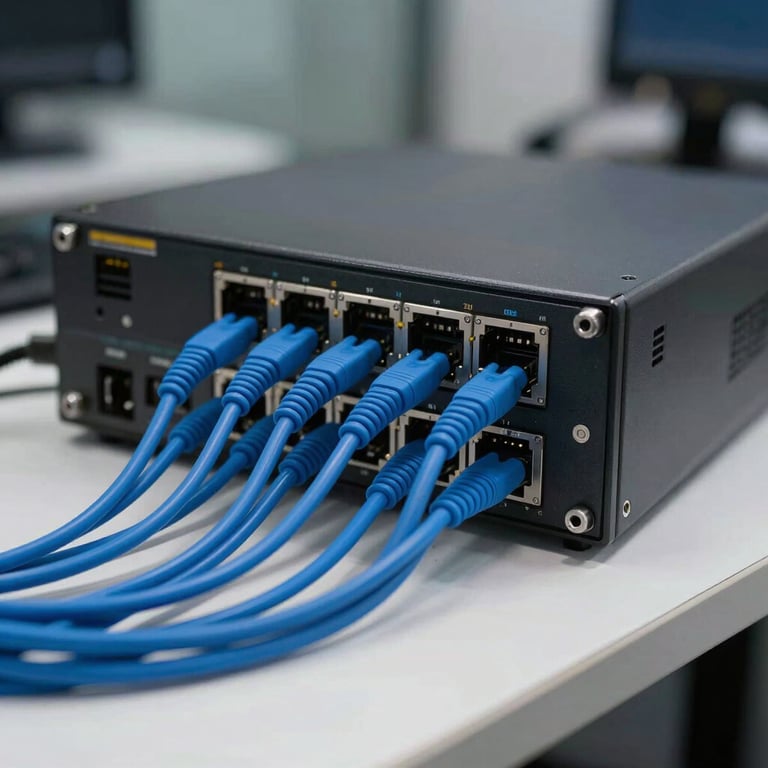 A professional technical workspace with networking hardware and neatly organized blue cables.