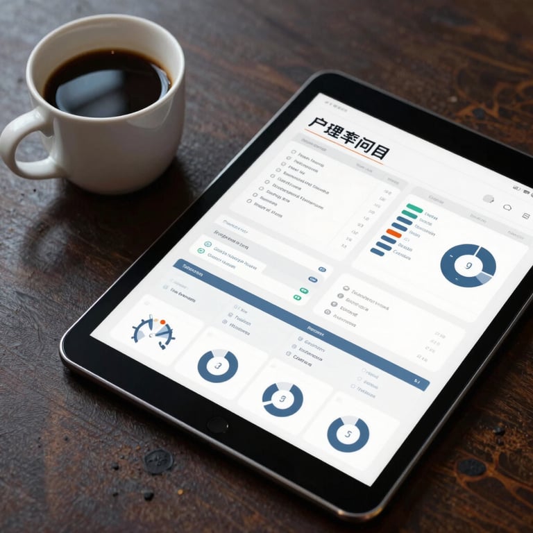 An overhead shot of a coffee cup and a tablet showing a project management dashboard.