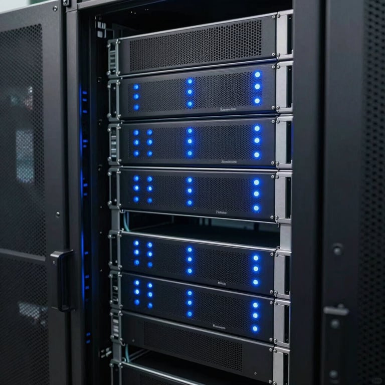 A detailed shot of a server rack with blue status lights in a modern data center in France.