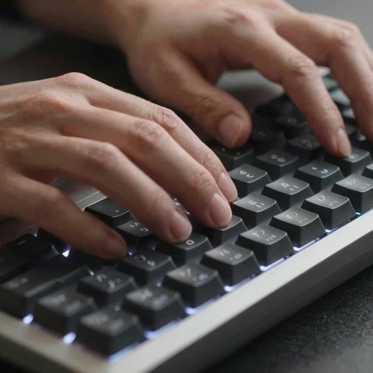 A close-up of hands typing on a modern mechanical keyboard with subtle white backlighting.