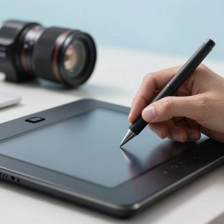 A macro shot of a hand using a high-precision touchpad in a tech-focused International / Global office environment, clean Soft Sky Blue lighting.