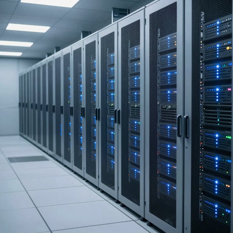 A wide shot of a futuristic data center aisle with Soft Sky Blue LED indicators and Mist Grey server casing.