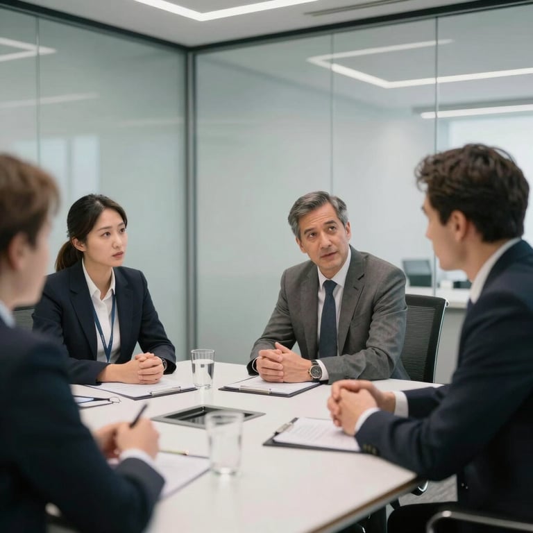 Professional consultants discussing strategies in a bright International / Global glass-walled conference room with Mist Grey walls.