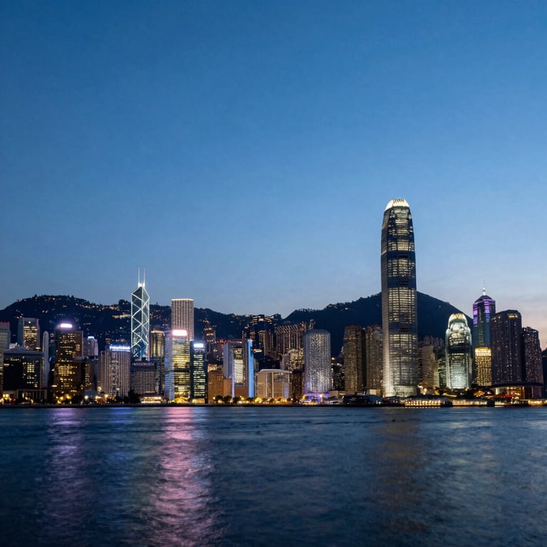 A wide-angle shot of a glowing International / Global skyline at dusk, with Deep Navy Blue water in the foreground and Steel Blue city lights.