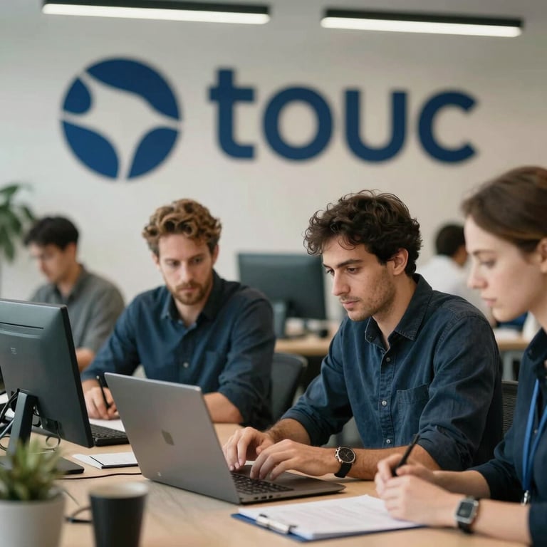 A professional team collaborating in a contemporary International / Global workspace, blurred background, with Deep Navy Blue branding elements.