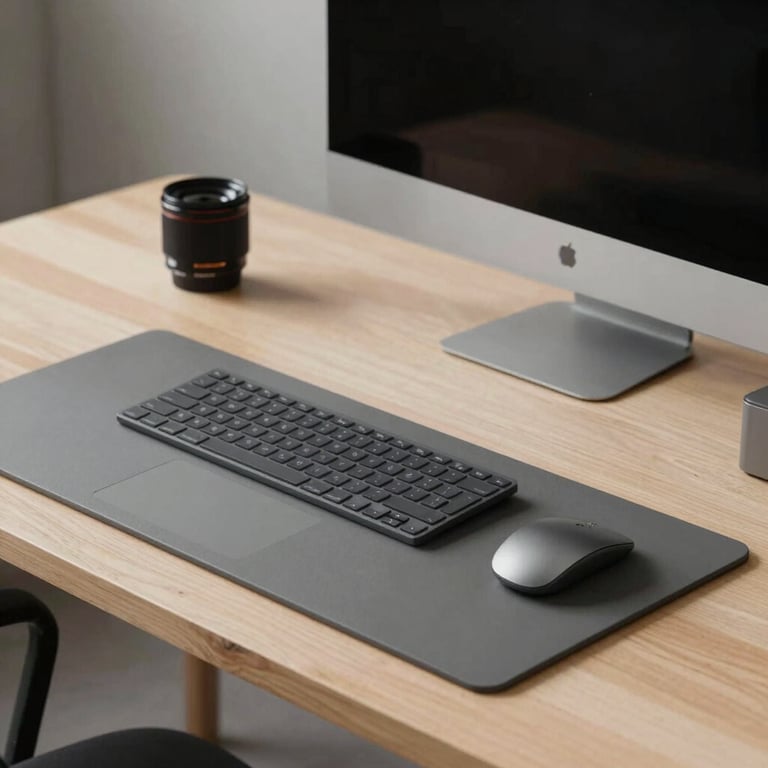 A minimalist desk setup in a North American / US creative studio, featuring a clean layout and sophisticated slate grey technological devices.