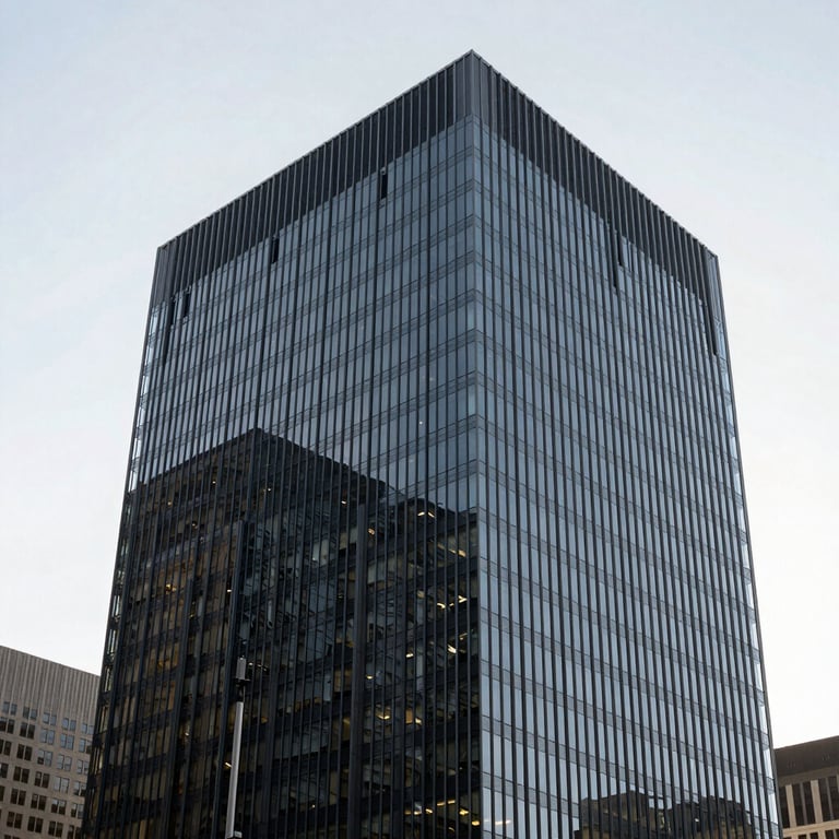 A professional office building in a major North American / US city, clean glass facade with charcoal black reflections against a pure white sky.