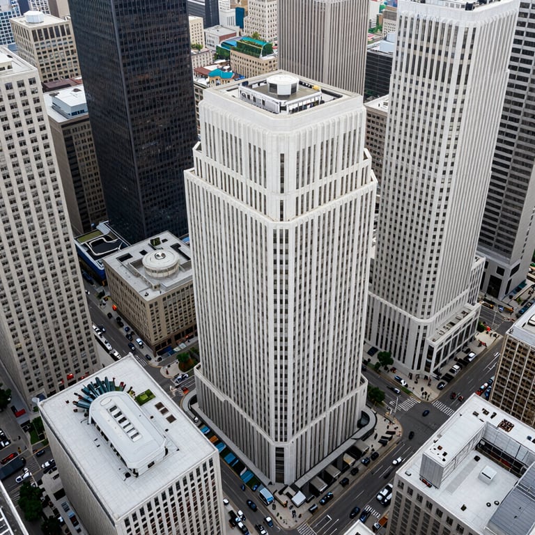 A high-angle shot of a busy North American / US city business district with pure white architecture and modern urban planning.