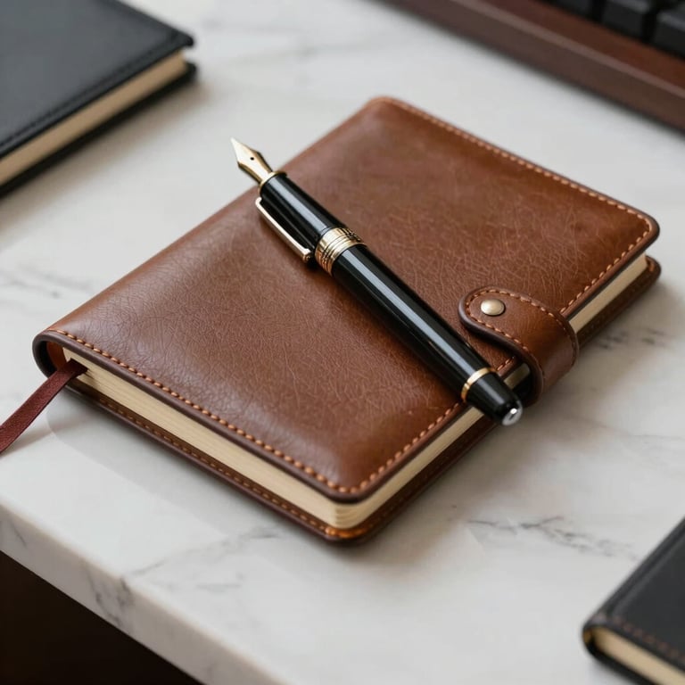 Close-up of a high-end fountain pen and a leather notebook on a white marble desk in a luxury North American / US executive office.