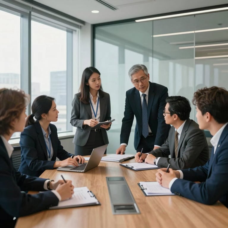 A group of professionals analyzing strategy in a modern North American / US glass-walled meeting room with natural daylight.