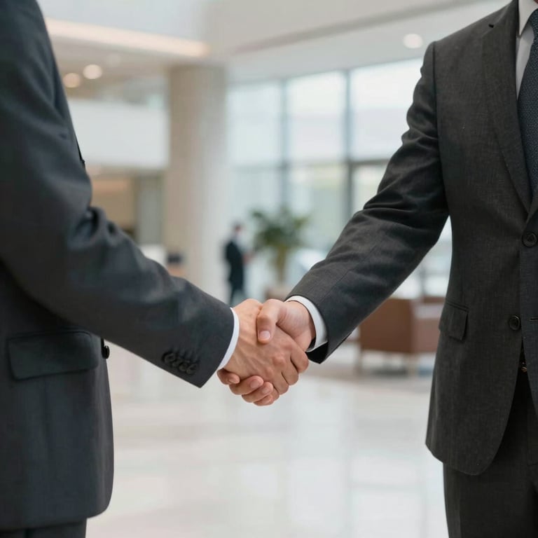 Professionals shaking hands in a bright North American / US lobby, wearing professional charcoal black and slate grey attire.