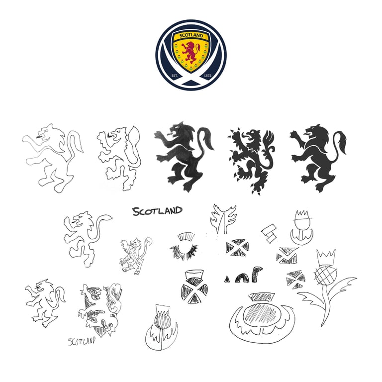 Scotland national football team badge development: various sketches of lion rampant and thistle emblems leading to the final