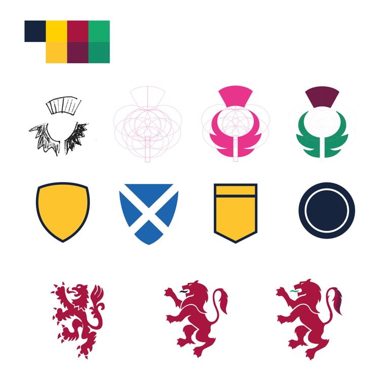 Graphic design set featuring heraldic lion icons, shield emblems, and thistle logo variations with a color palette.