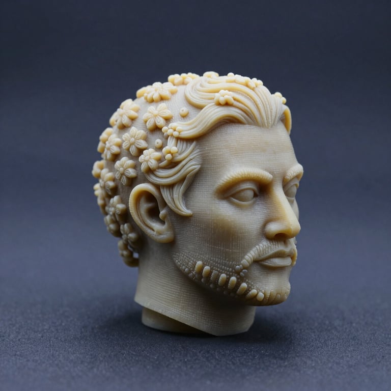 A high-quality 3D printed resin prototype with intricate details, placed on a dark charcoal blue surface.