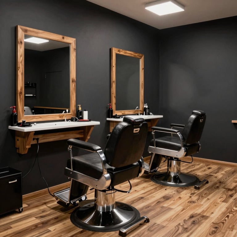 Interior of a premium barber shop in Tulcea with dark charcoal walls and wooden floors, European / Romanian style.