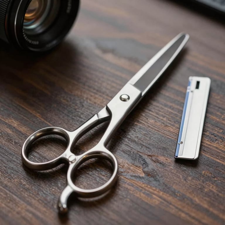 Close-up of professional barber tools: metal scissors and a razor on a dark wood surface.