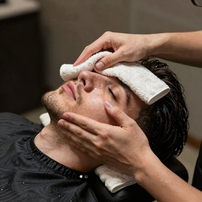 A barber applying a hot towel to a client's face, sophisticated and relaxing atmosphere.