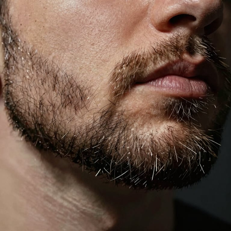 Detail of a sharp beard trim with clean lines, high-contrast lighting.