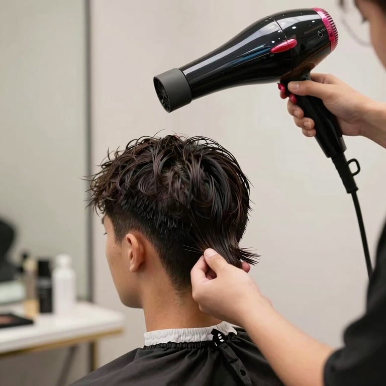 Barber using a professional hair dryer to style a client's hair after a cut.