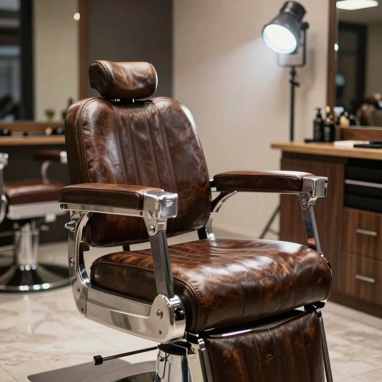 A stylish leather barber chair under a spotlight in a modern European / Romanian shop.