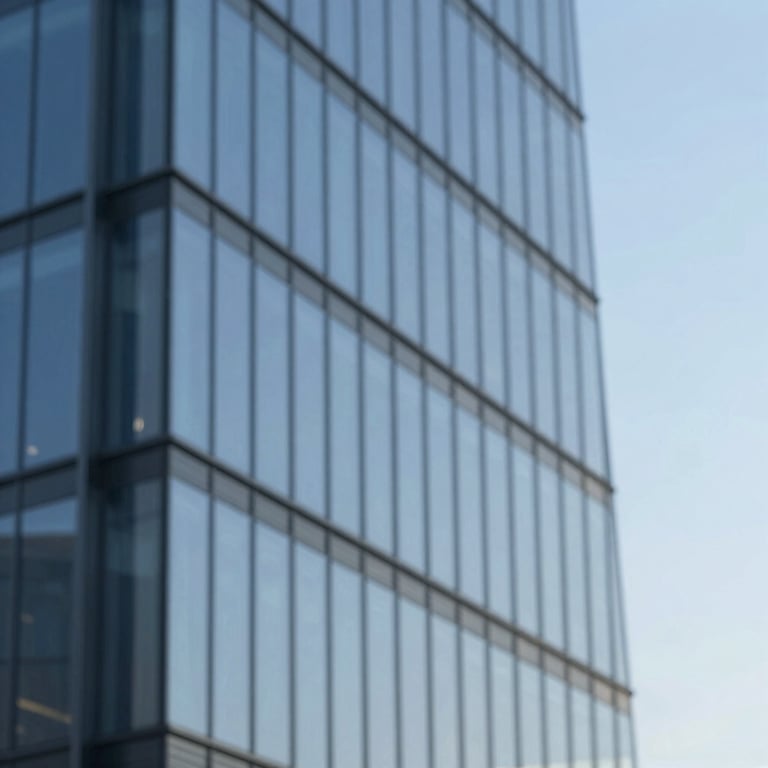 A modern architectural building with glass facade reflecting a clear blue sky, symbolizing steadfast reliability.