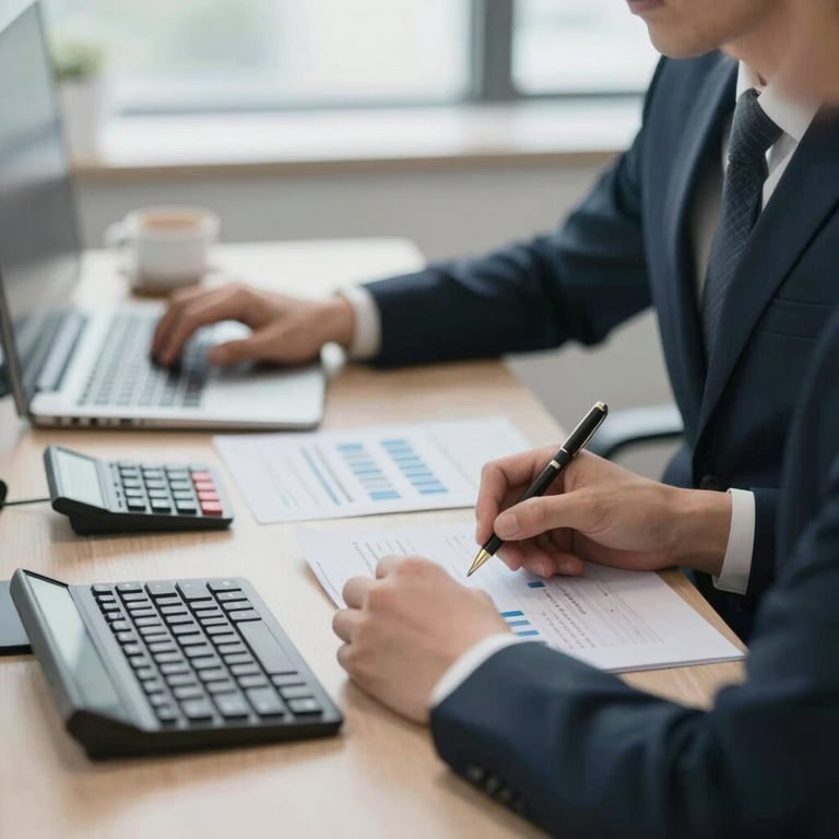 A focused professional at a clean workstation, emphasizing attention to detail and modern accounting tools.