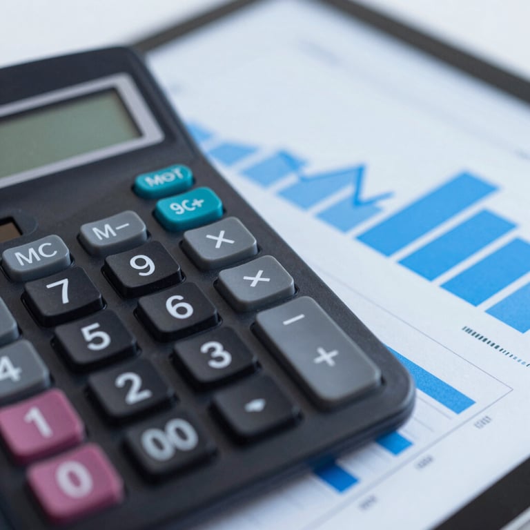 Macro shot of a calculator and digital tablet displaying clean financial growth charts in shades of blue.