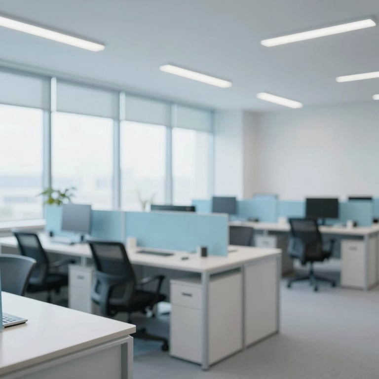 A wide shot of a clean, minimalist accounting office with large windows and light blue accents (#8CB3C7).