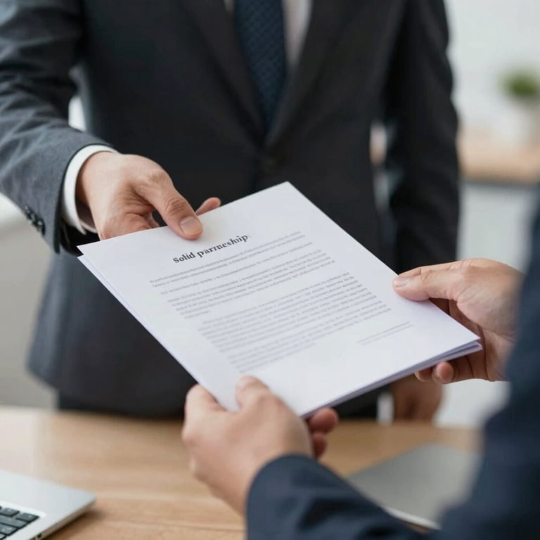 Close-up of professional business hands exchanging a signed document, representing a solid partnership.