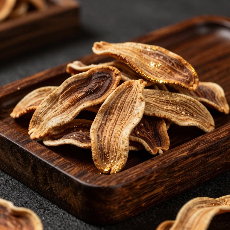 A collection of premium dry Oud Sanai chips from Merauke beautifully arranged on a rustic dark wooden platter, golden accent lighting, high contrast.