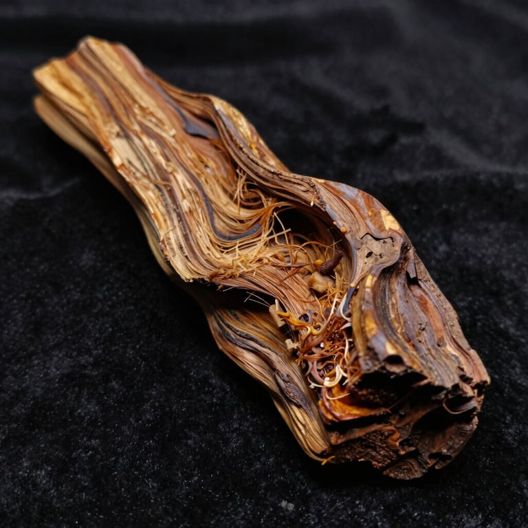 High-end macro photography of a raw Merauke Oud Sanai wood piece, showing detailed fibers and rich resin, softly lit on a black velvet background, aesthetic dark luxury style.