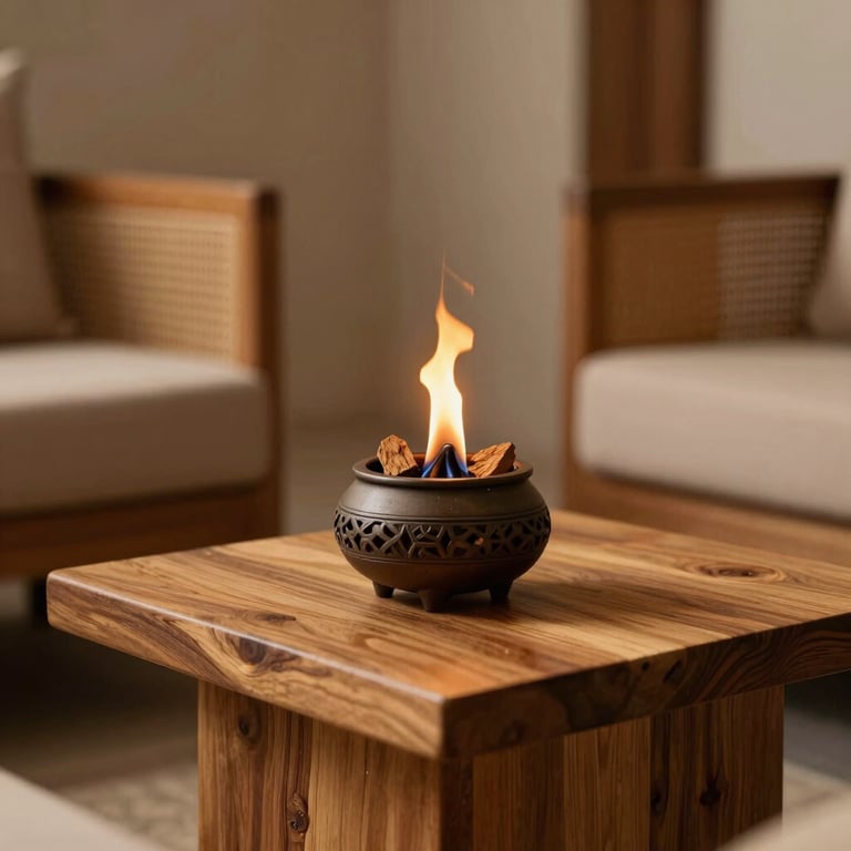 A peaceful interior corner of an upscale Indonesian lounge with natural wood elements, a burning agarwood burner on a low table, warm golden and brown colors.